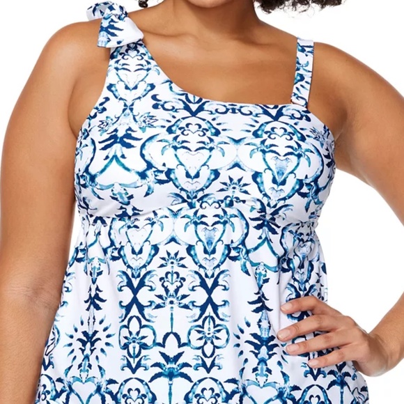 Raisins Curve Trendy Plus Size Marita Printed Tankini Top - Playita Navy/White - Picture 3 of 4